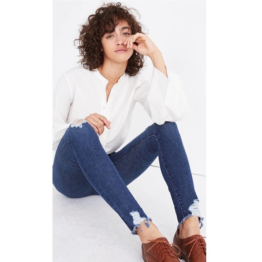 $135 Madewell Dark Wash 9" High Rise Skinny Jeans Destructed Edition - Picture 8 of 8